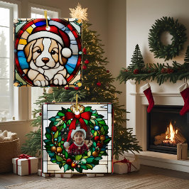 クリスマスパピーフォックスステンドグラス風デザイン セラミックオーナメント