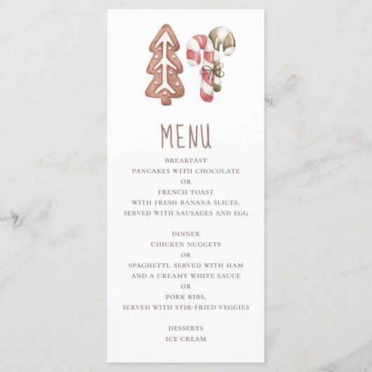 クリスマスパンのデザート。ジンジャーブレッドと棒つきキャンデー メニュー (正面)