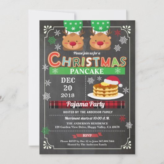 クリスマスパンケーキとパジャマパーティーの黒板の子どもたち 招待状 (正面)