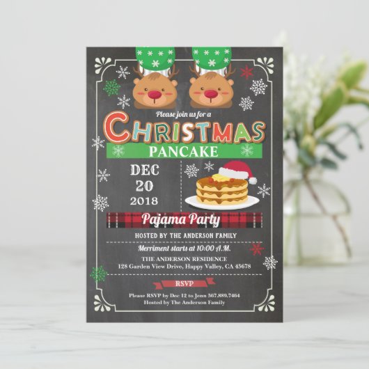 クリスマスパンケーキとパジャマパーティーの黒板の子どもたち 招待状 (スタンド正面)