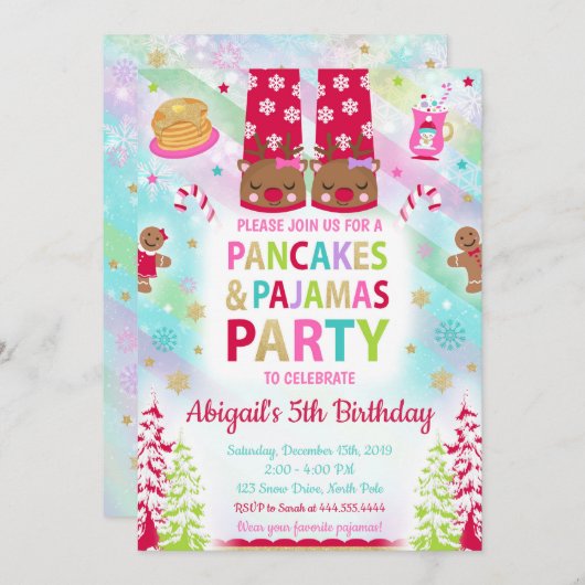クリスマスパンケーキとパジャマ誕生日招待状 招待状 (正面/裏面)