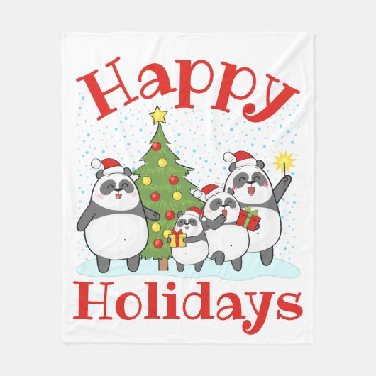 クリスマスパンダ家族の休日 フリースブランケット (正面)