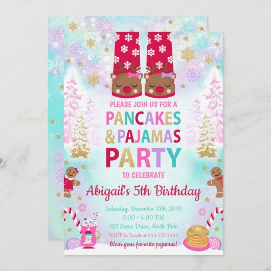 クリスマスパンツとパジャマの誕生日パーティー招待状 招待状 (正面/裏面)