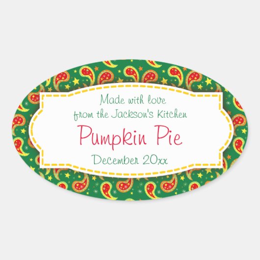 クリスマスパンプキンパイペイズリーグリーンラベルシール 楕円形シール (正面)