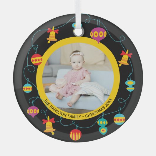 クリスマスパーソナライズされたおもしろいモダンリース写真 ガラスオーナメント (正面)