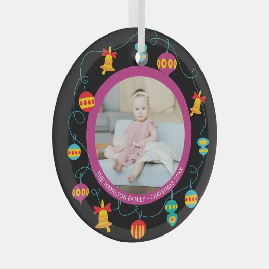 クリスマスパーソナライズされたおもしろいモダンリース写真 ガラスオーナメント (正面右)