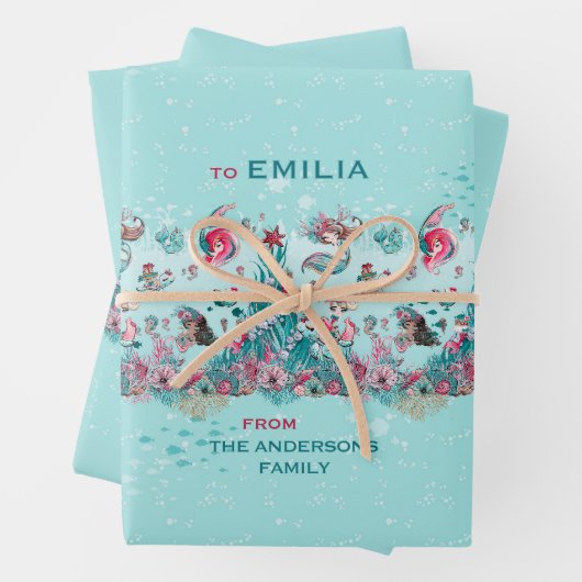 クリスマスパーソナライズされたの人魚と友達の名前 ラッピングペーパーシート (インサイチュ)