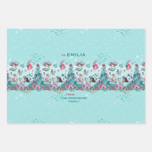 クリスマスパーソナライズされたの人魚と友達の名前 ラッピングペーパーシート (正面)