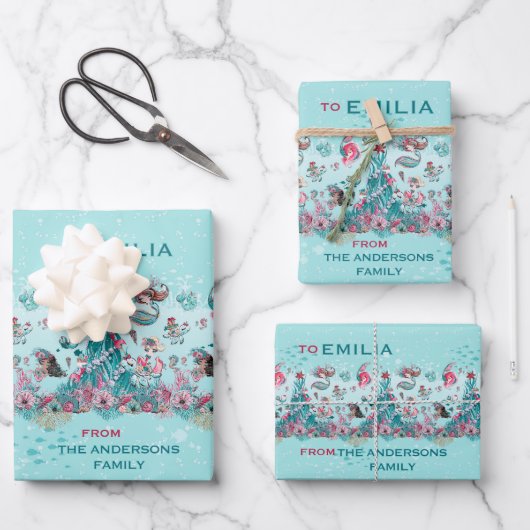 クリスマスパーソナライズされたの人魚と友達の名前 ラッピングペーパーシート (正面)