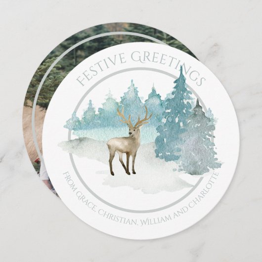 クリスマスパーソナライズされたウィンターウッドランドディアー シーズンカード (正面/裏面)