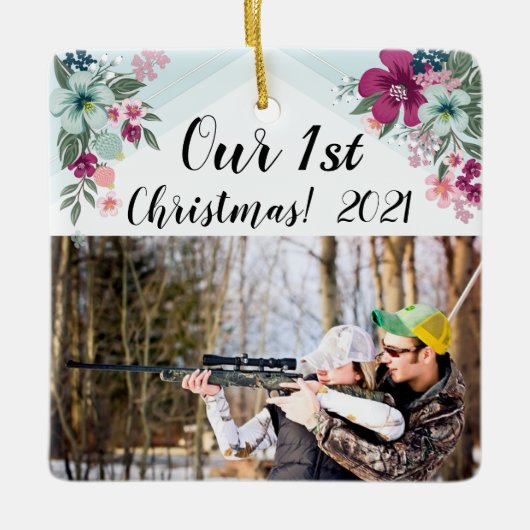 クリスマスパーソナライズされたオーナメントトロピカルフラワーオンブル セラミックオーナメント (正面)