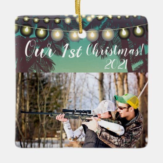 クリスマスパーソナライズされたオーナメントビーチサンセットパームツリー セラミックオーナメント (正面)