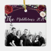 クリスマスパーソナライズされたオーナメントプラムパープルバラ金ゴールド セラミックオーナメント (正面)