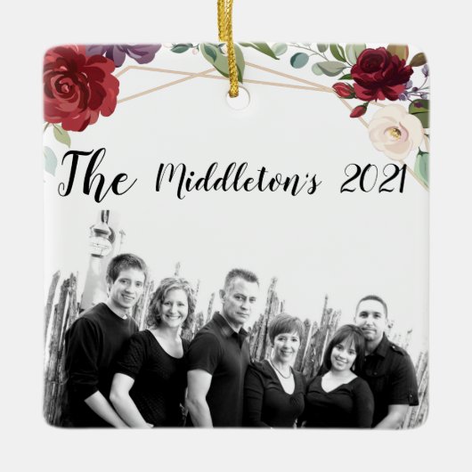 クリスマスパーソナライズされたオーナメントホワイトローズ金ゴールドジオメ セラミックオーナメント (正面)