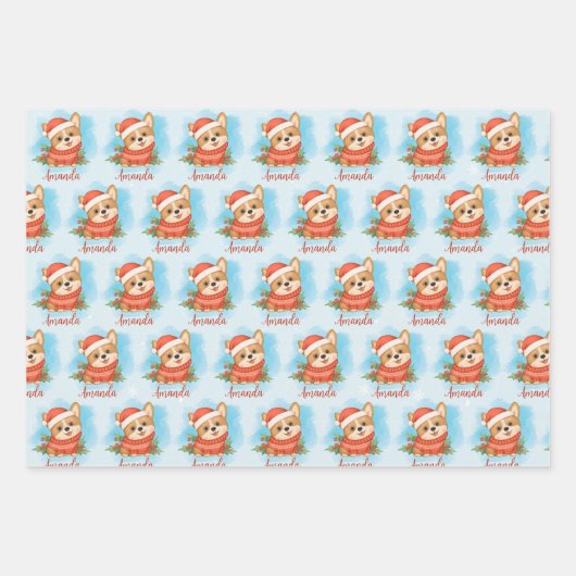 クリスマスパーソナライズされたコーギ ラッピングペーパーシート (正面2)