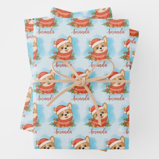 クリスマスパーソナライズされたコーギ ラッピングペーパーシート (インサイチュ)