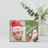 クリスマスパーソナライズされたサンタ写真緑はがき ポストカード (スタンド正面)