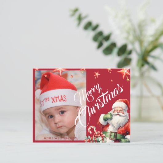 クリスマスパーソナライズされたサンタ写真赤はがき ポストカード (スタンド正面)