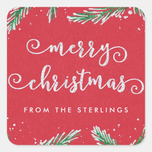 クリスマスパーソナライズされたシール赤 | グリッタールック スクエアシール (正面)