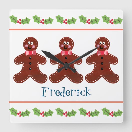 クリスマスパーソナライズされたジンジャーブレッドマン スクエア壁時計 (正面)