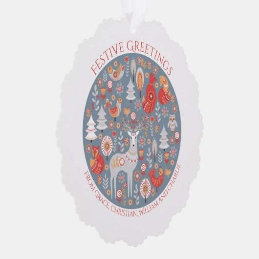 クリスマスパーソナライズされたスカンジナビア北欧の森 オーナメントカード (右)