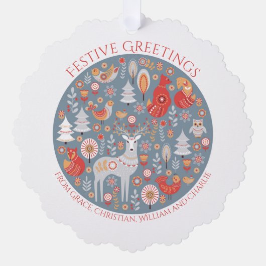 クリスマスパーソナライズされたスカンジナビア北欧の森 オーナメントカード (正面)