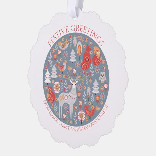 クリスマスパーソナライズされたスカンジナビア北欧の森 オーナメントカード (左)