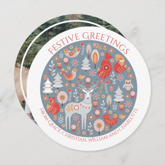 クリスマスパーソナライズされたスカンジナビア北欧の森 シーズンカード (正面/裏面)