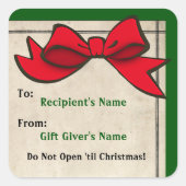 クリスマスパーソナライズされたステッカーから赤い弓 スクエアシール (正面)