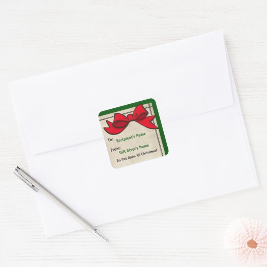 クリスマスパーソナライズされたステッカーから赤い弓 スクエアシール (封筒)