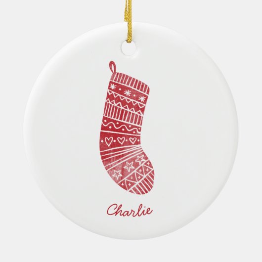 クリスマスパーソナライズされたストッキング名Red White セラミックオーナメント (裏面)