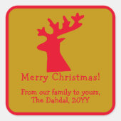 クリスマスパーソナライズされたトナカイ頭レッドと金ゴールド スクエアシール (正面)