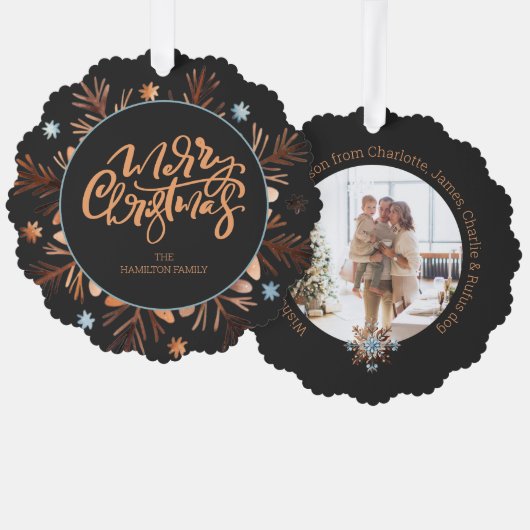 クリスマスパーソナライズされたフォトリースとタイポグラフィ オーナメントカード (正面/裏面)