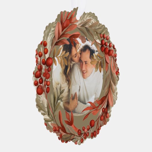 クリスマスパーソナライズされたフォトリースレッドベリー オーナメントカード (右)