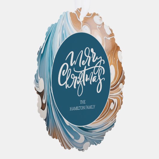クリスマスパーソナライズされたフォト大理石とタイポグラフィ オーナメントカード (右)