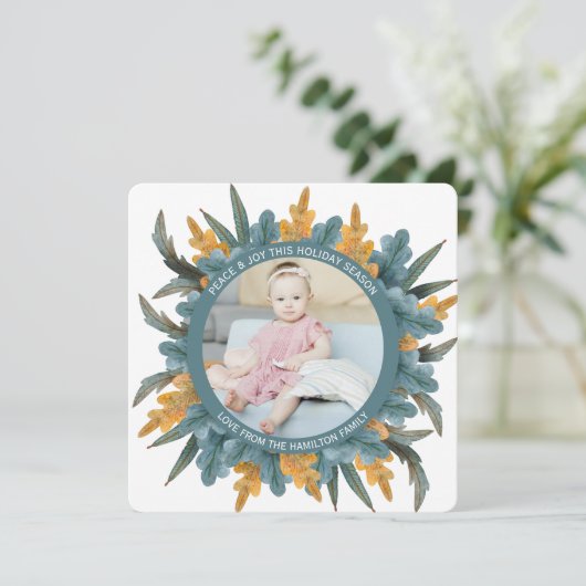 クリスマスパーソナライズされたブルーのオレンジ葉色の写真 シーズンカード (スタンド正面)