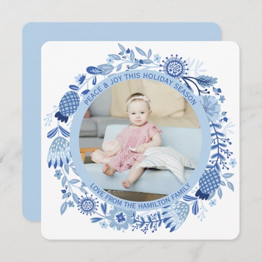 クリスマスパーソナライズされたブルー白リース写真 シーズンカード (正面/裏面)