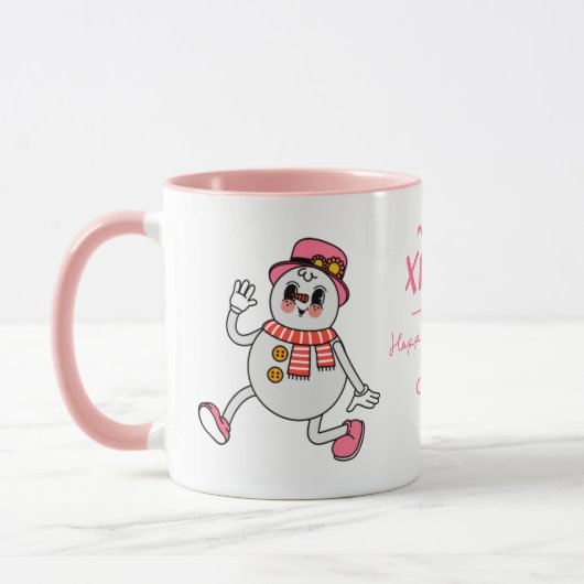 クリスマスパーソナライズされたマグカップ | キュートピンク雪だるま マグカップ (左)