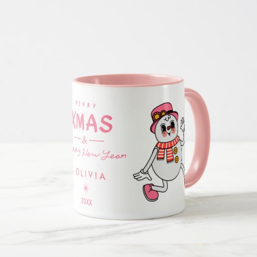 クリスマスパーソナライズされたマグカップ | キュートピンク雪だるま マグカップ (正面右)