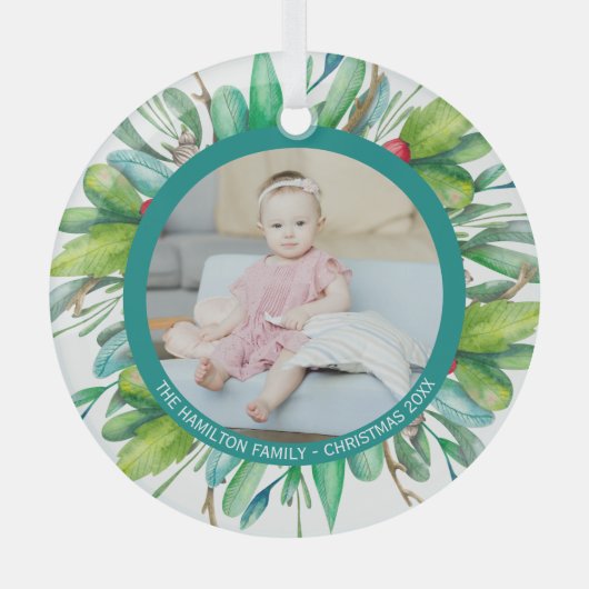 クリスマスパーソナライズされたモダンリースフォトフレーム ガラスオーナメント (正面)