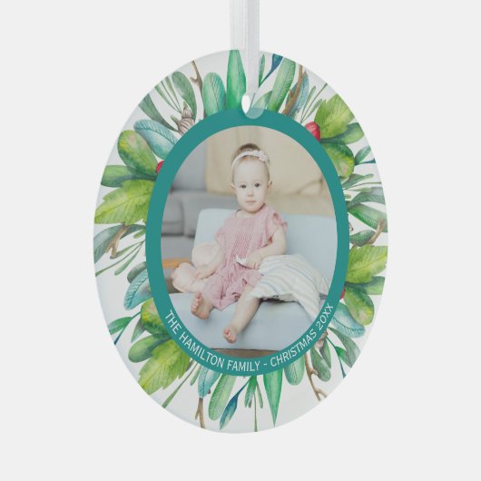 クリスマスパーソナライズされたモダンリースフォトフレーム ガラスオーナメント (正面右)