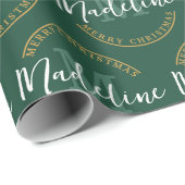 クリスマスパーソナライズされたモノグラム名カスタム緑 ラッピングペーパー (ロールコーナー)