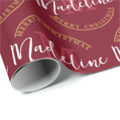 クリスマスパーソナライズされたモノグラム名カスタム赤 ラッピングペーパー (ロールコーナー)