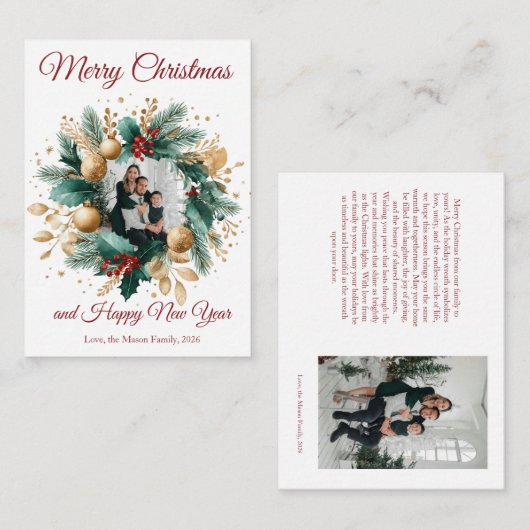 クリスマスパーソナライズされたリースのフォトカード ノートカード (正面/裏面)
