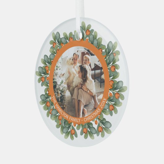 クリスマスパーソナライズされたリースの写真立て ガラスオーナメント (正面左)