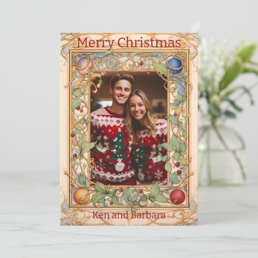 クリスマスパーソナライズされたリースをテーマにした シーズンカード (スタンド正面)