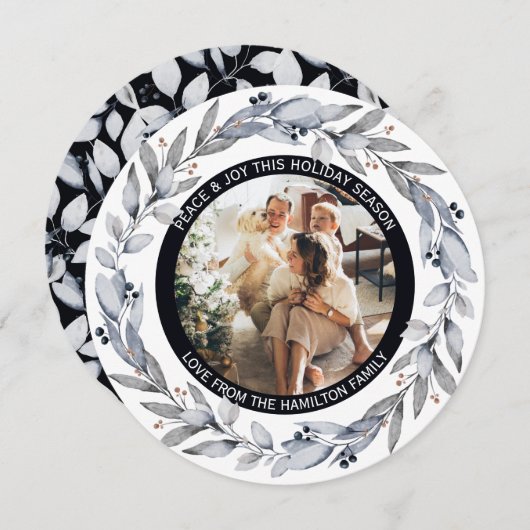 クリスマスパーソナライズされたリースフォトフレームラウンド シーズンカード (正面/裏面)