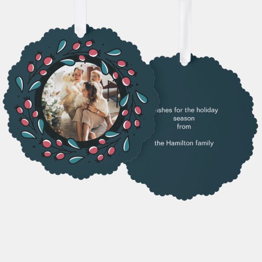クリスマスパーソナライズされたリースフォトフレーム オーナメントカード (正面/裏面)