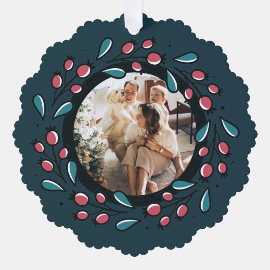 クリスマスパーソナライズされたリースフォトフレーム オーナメントカード (正面)