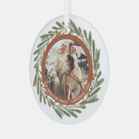 クリスマスパーソナライズされたリースフォトフレーム ガラスオーナメント (正面左)